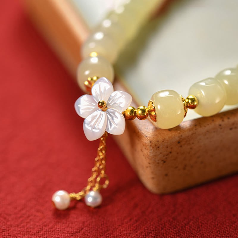 925 Sterling Silver Natural Hetian Jade Luck Flower Bracelet