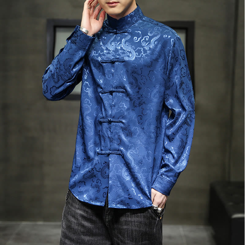 Casual Dragon Pattern Frog-button Tang Suit Linen Men's Jacket Shirt