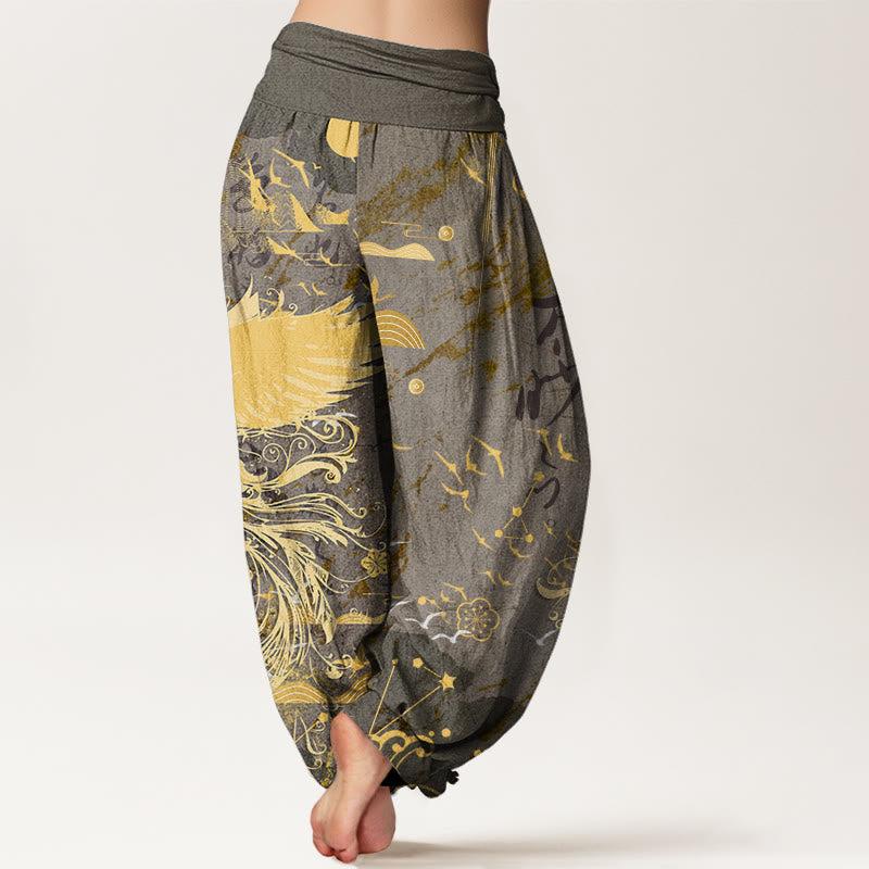 Casual Phoenix Waves Calligraphy Pattern Women's Elastic Waist Harem Pants