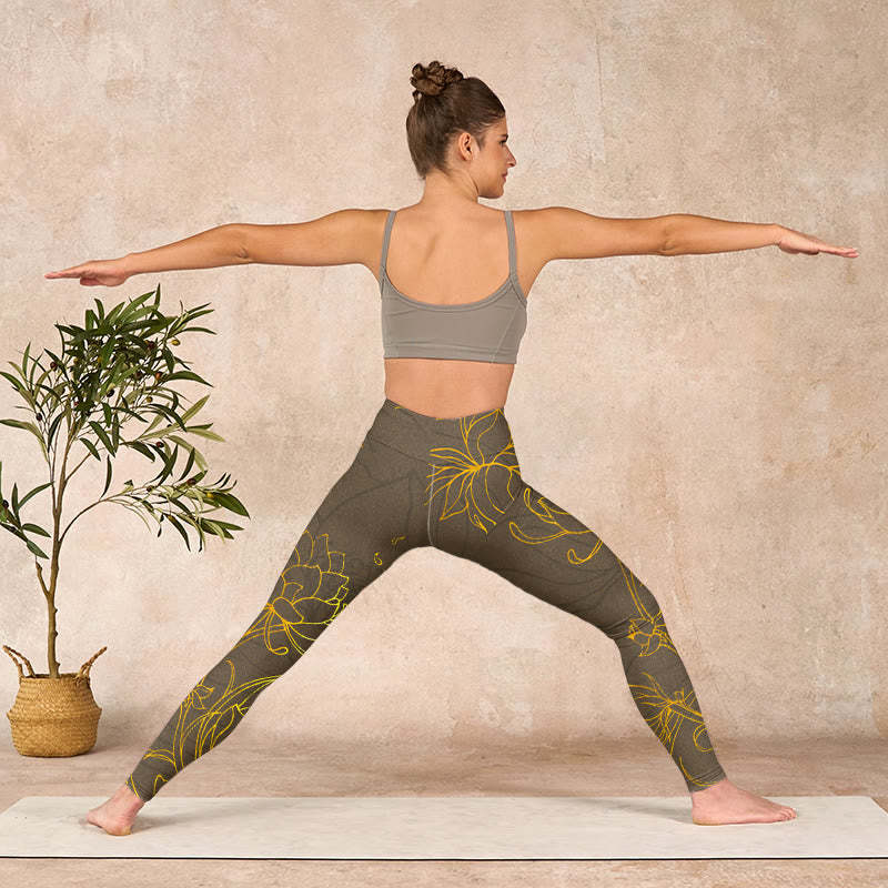 Yellowish Brown Lotus Flower Lotus Leaf Print Gym Leggings Women's Yoga Pants