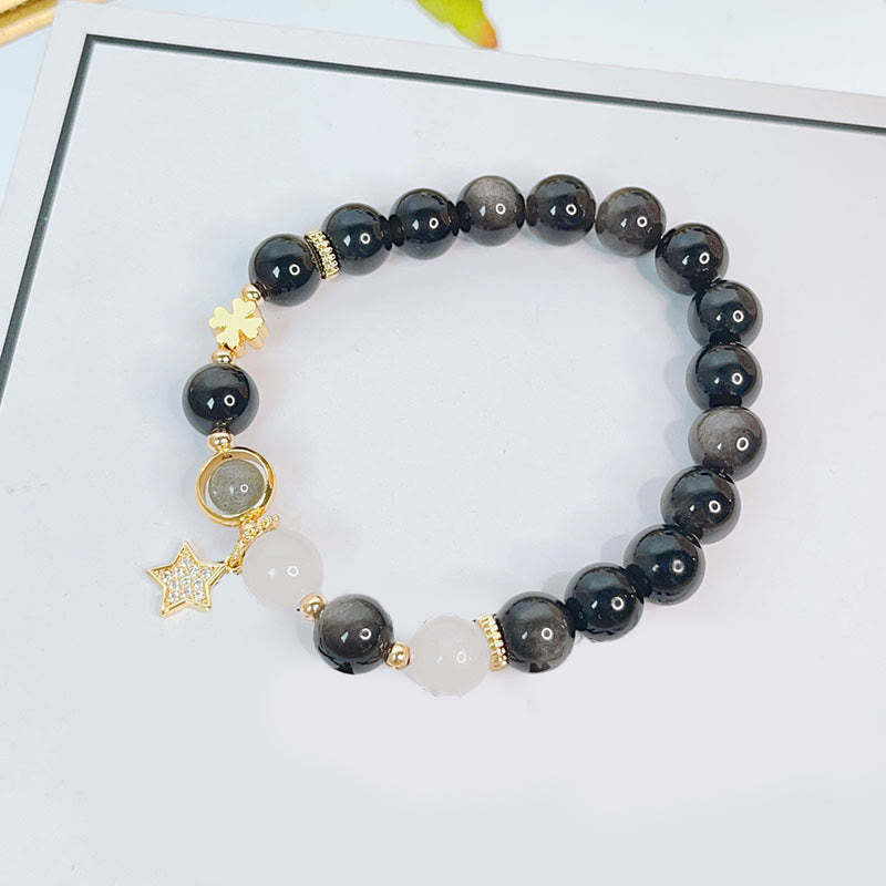 Natural Silver Sheen Obsidian Love Heart Star Flower Protection Bracelet (Extra 30% Off | USE CODE: FS30)