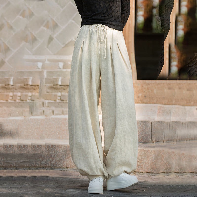 Casual Plain Loose Waist Tie Rope Women's Ramie Cotton Pants With Pockets