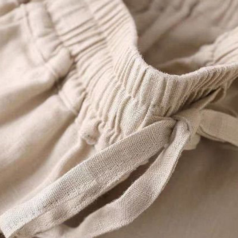 Casual Cotton Linen High Waist Lace-up Wide Leg Pants With Pockets