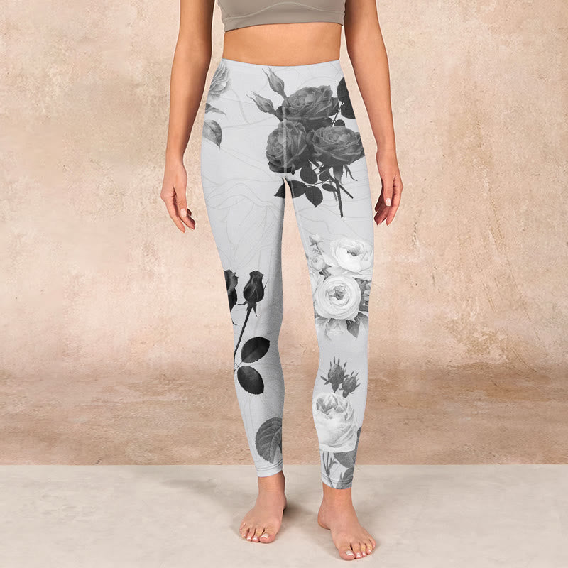 Black White Rose Gym Leggings Women's Yoga Pants