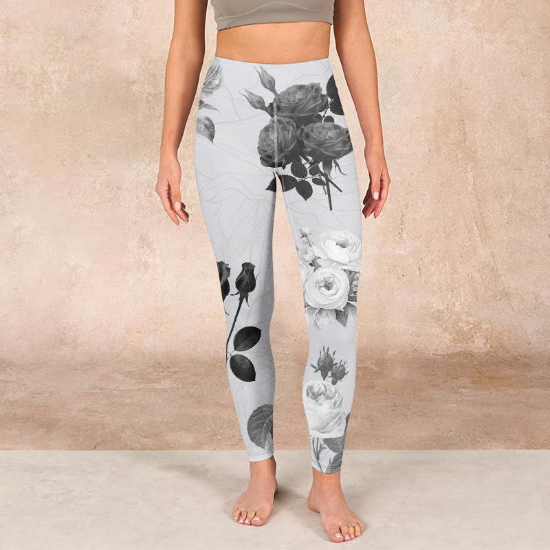 Black White Rose Gym Leggings Women's Yoga Pants