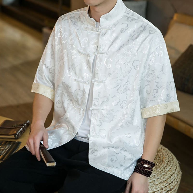 Chinese Tang Suit Frog-button Dragon Print Men's Half Sleeve Shirts