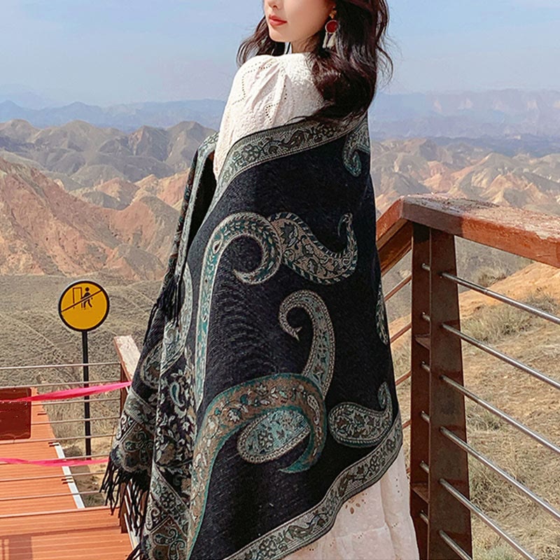 Tibetan Cashew Flower Tassel Shawl Fall Winter Cozy Travel Scarf Wrap