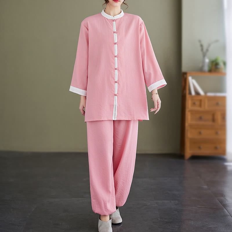 2Pcs Vintage Long Sleeve Shirt Top Pants Meditation Zen Tai Chi Cotton Linen Clothing Women's Set