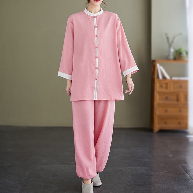 2Pcs Vintage Long Sleeve Shirt Top Pants Meditation Zen Tai Chi Cotton Linen Clothing Women's Set
