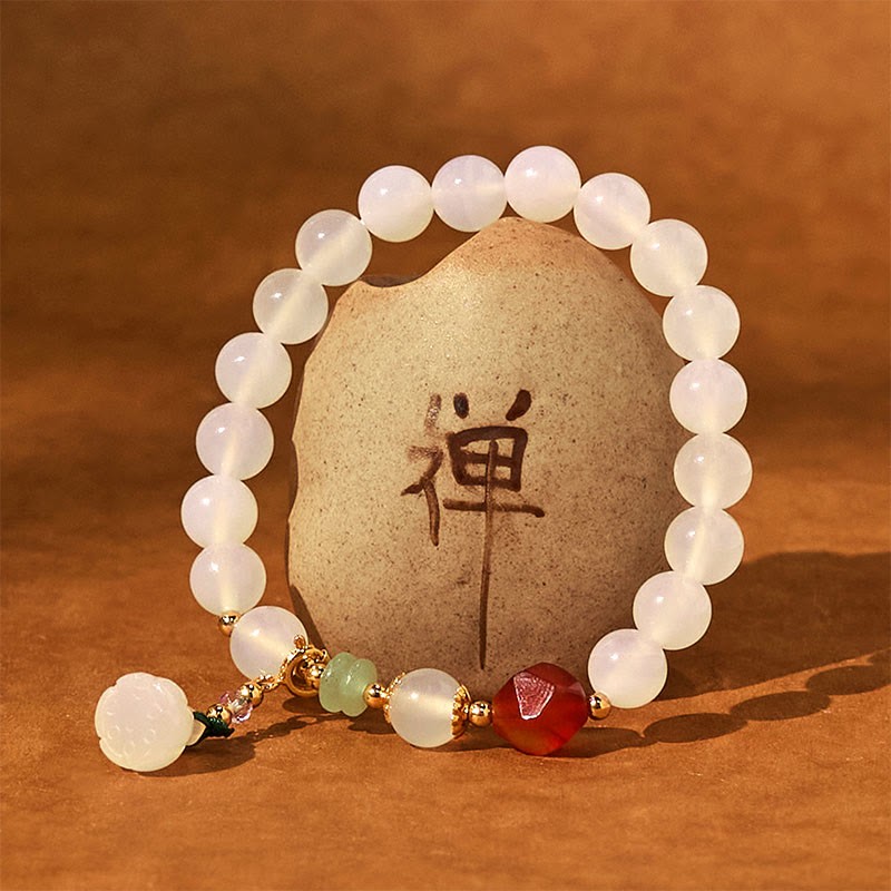 White Agate Red Agate Lotus Pod Charm Luck Bracelet