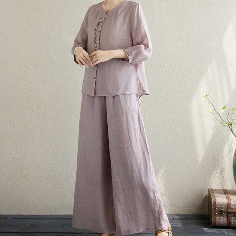 2Pcs Cotton Embroidery Flowers Shirt Top Pants Meditation Zen Tai Chi Clothing Women's Set