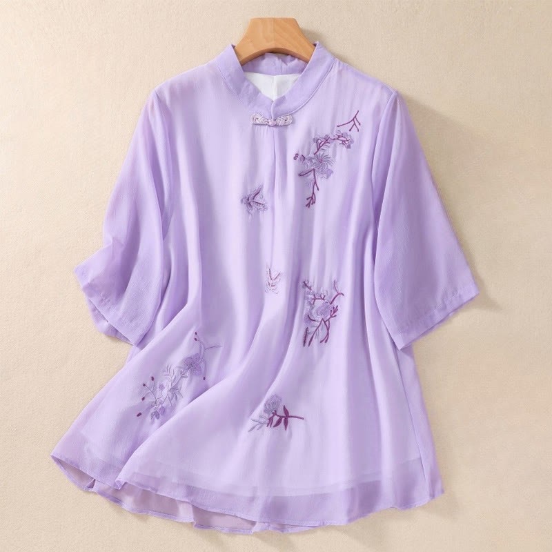 Embroidery Plants Flower Half Sleeve Plain Frog-Button Stand Collar Women's Shirt