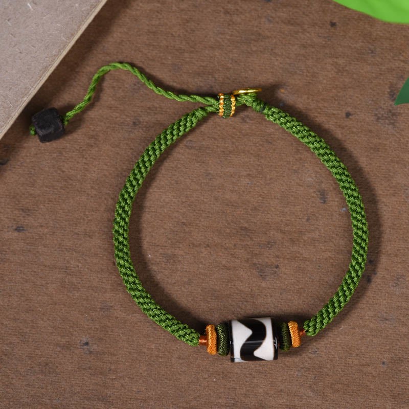 Handmade Tibetan Dzi Bead Protection Braided Green Rope Bracelet