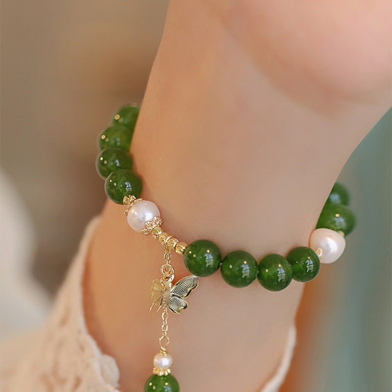 Natural Green Chalcedony Pearl Butterfly Courage Strength Bracelet