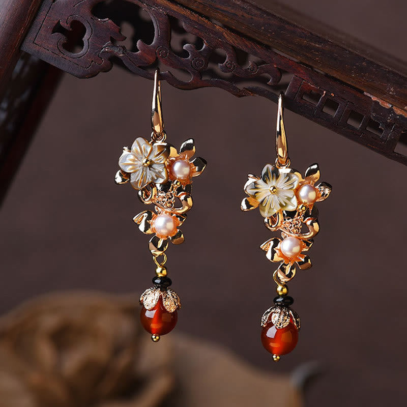 14K Gold Plated Tridacna Stone Flower Pearl Green Aventurine Bead Drop Earrings