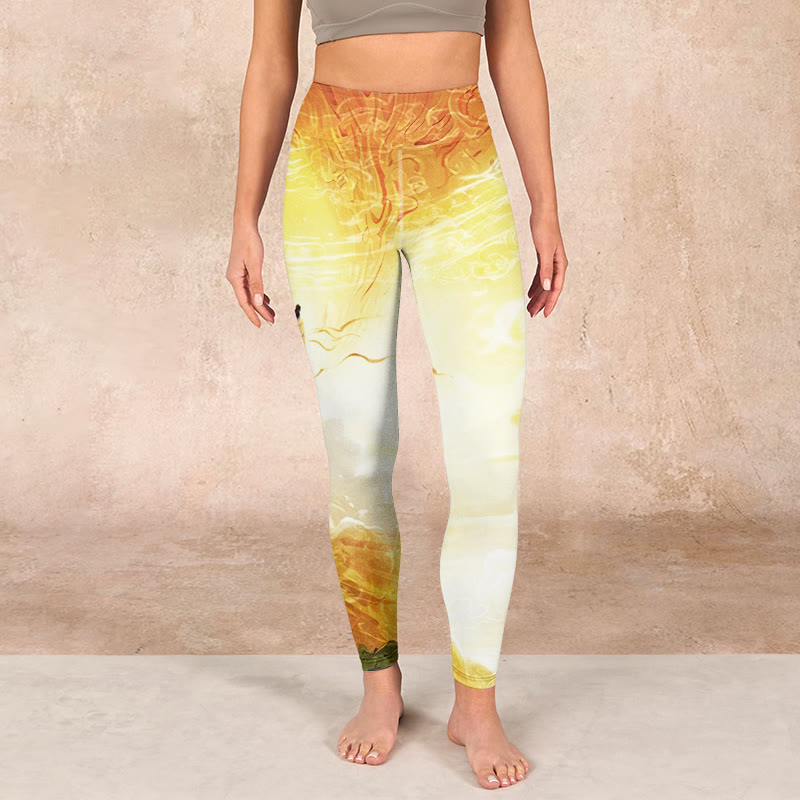Golden Auspicious Cloud Figure Print Fitness Leggings Women's Yoga Pants
