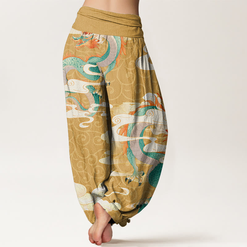 Vibrant Dragon White Auspicious Clouds Women's Elastic Waist Harem Pants