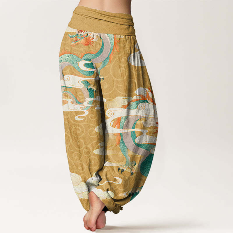 Vibrant Dragon White Auspicious Clouds Women's Elastic Waist Harem Pants