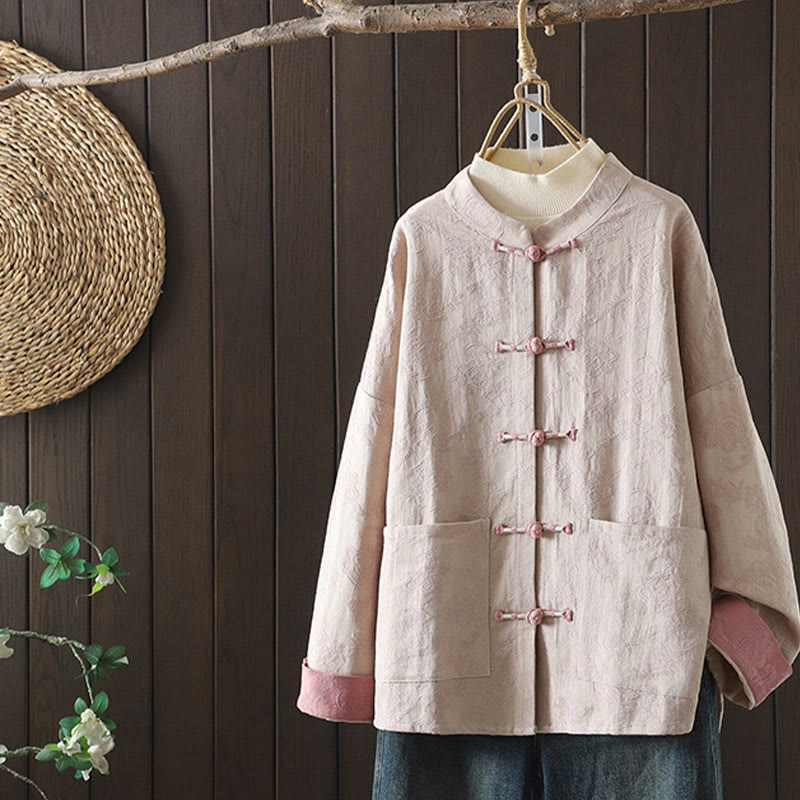 Solid Color Casual Frog-button Ruffle Collar Cotton Linen Women's Jacket Shirts Clothing