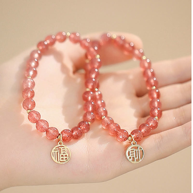 14K Gold Plated Strawberry Quartz Fu Character Healing Charm Bracelet
