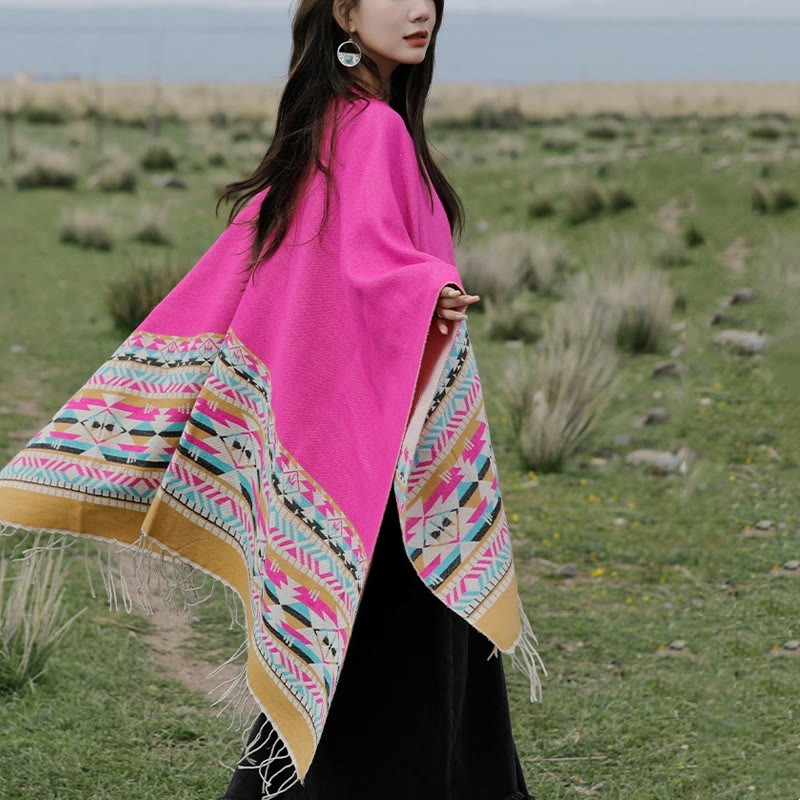 Tibetan Geometric Rhombus Pattern Tassels Shawl Fall Winter Warm Cozy Scarf Wrap