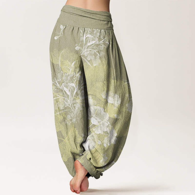 Flowers Lush Leaves Pattern Women's Elastic Waist Harem Pants