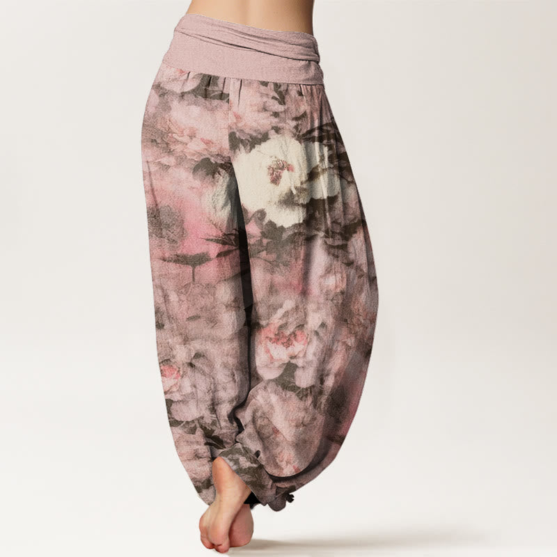 Casual Elegant Peony Flowers Women's Elastic Waist Harem Pants