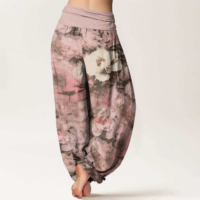Casual Elegant Peony Flowers Women's Elastic Waist Harem Pants