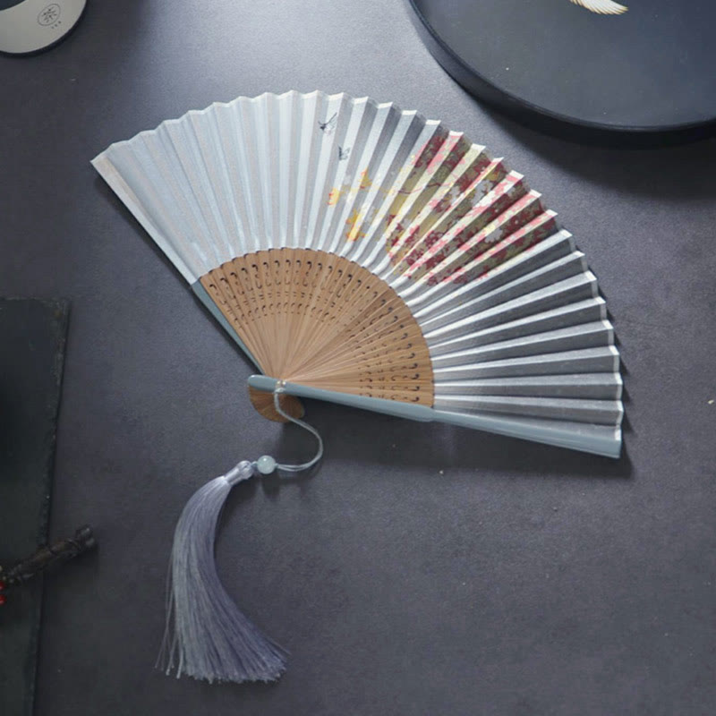 Gardenia Cherry Blossom Moon Handheld Polyester Bamboo Folding Fan 21cm