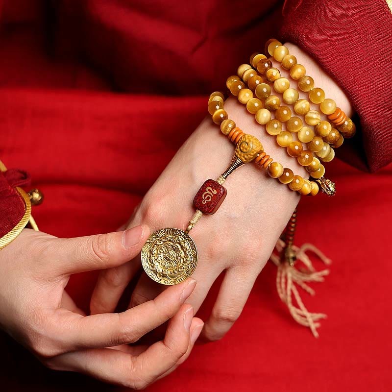 108 Mala Beads Natural Tiger Eye Copper Dorje Protection Tassel Bracelet