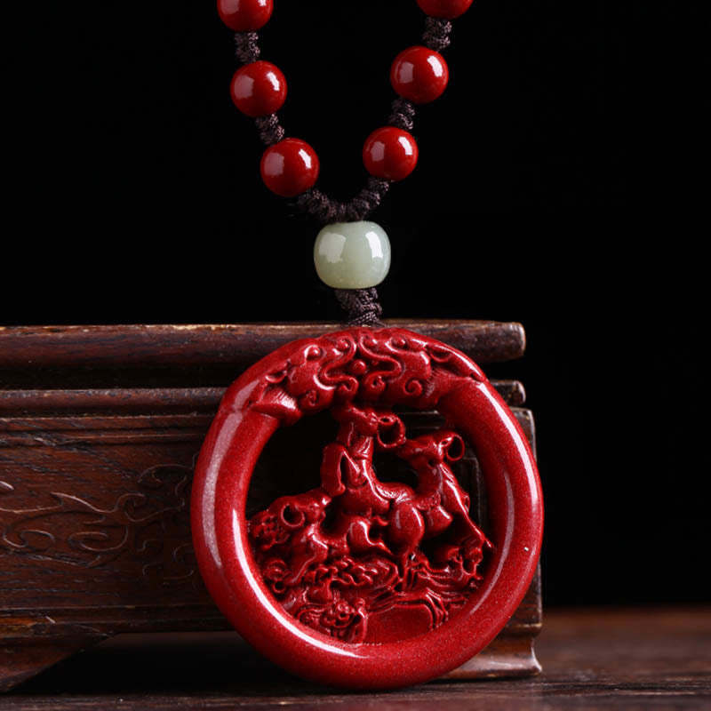 Chinese Zodiac Cinnabar Hetian Jade Peace Buckle Calm Necklace Pendant