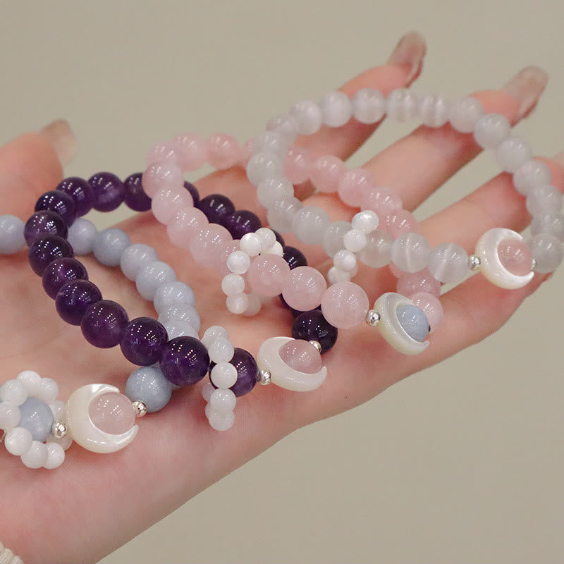 925 Sterling Silver Natural Amethyst Aquamarine Pink Crystal Cat's Eye Healing Crescent Moon Bracelet