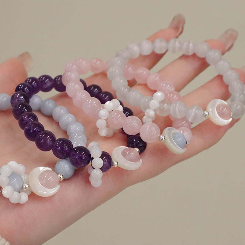 925 Sterling Silver Natural Amethyst Aquamarine Pink Crystal Cat's Eye Healing Crescent Moon Bracelet