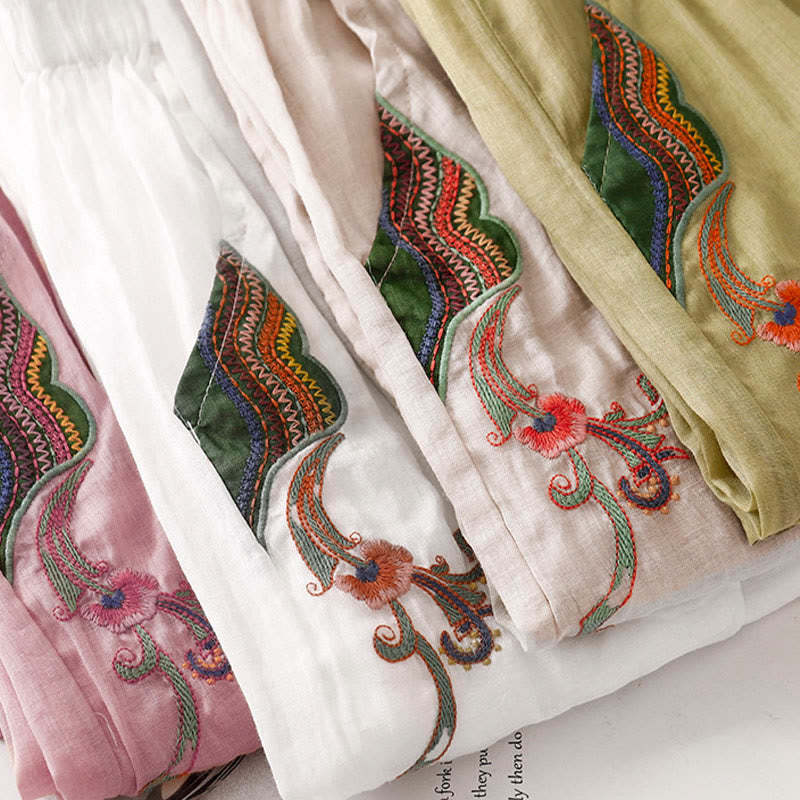 Summer Embroidery Double Layer Cotton Linen Women's Wide Leg Pants With Pockets