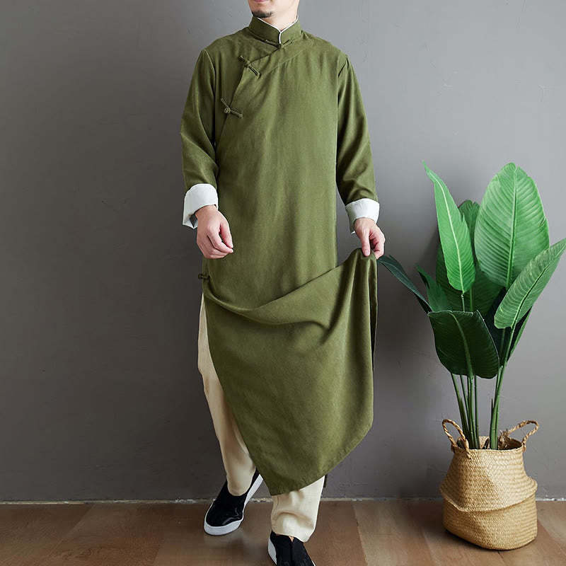 Fall Solid Color Chinese Frog-Button Cotton Men's Tang Suit Robe