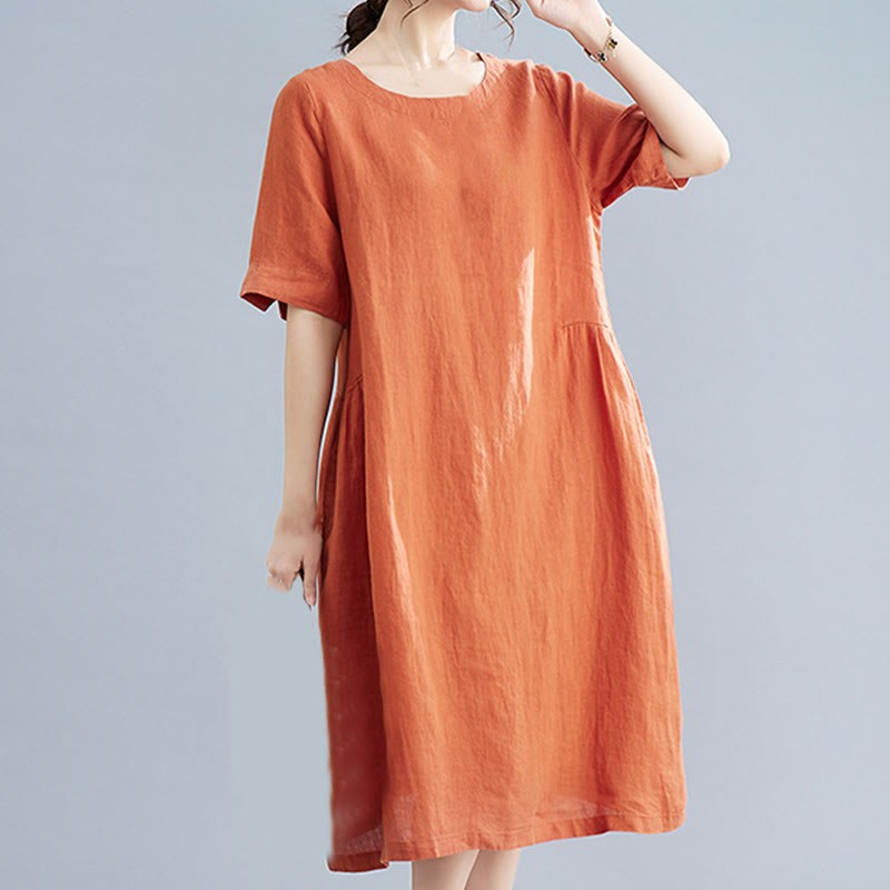 Casual Loose Solid Color Cotton Linen Crew Neck Half Sleeve Design Midi Dress With Pockets