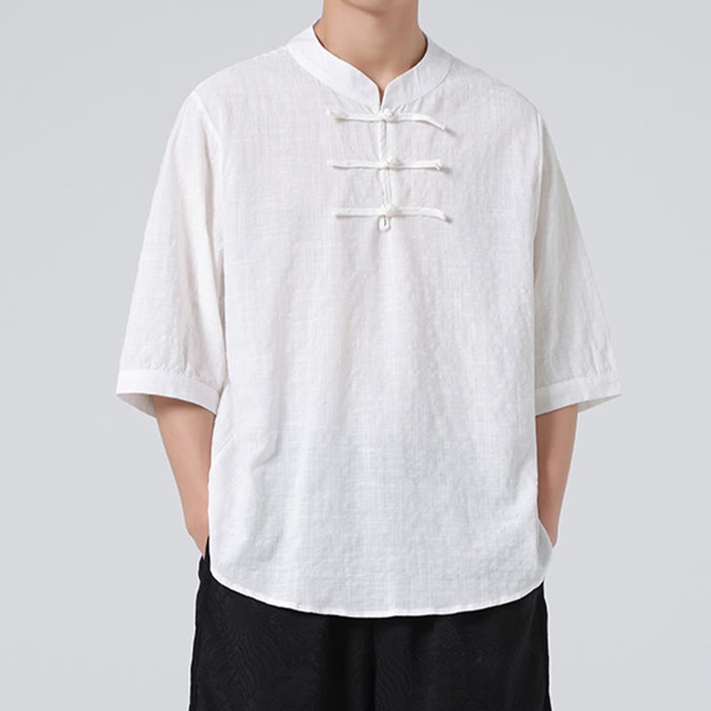 Frog-Button Plaid Pattern Chinese Tang Suit Half Sleeve Shirt Cotton Linen Men Clothing