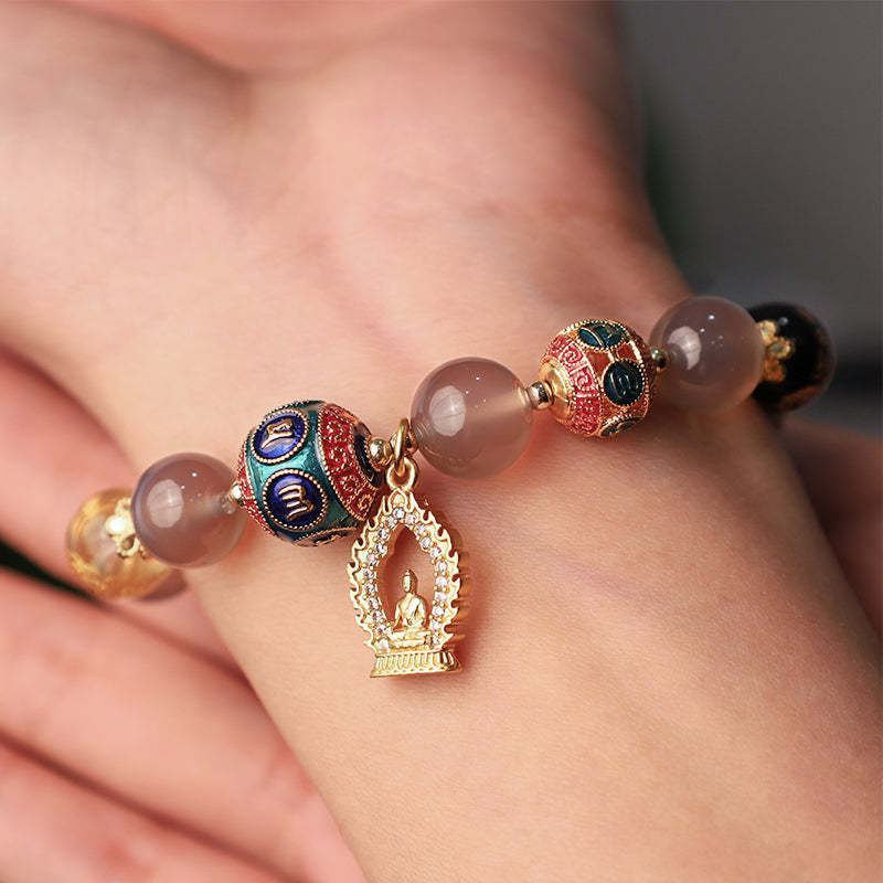 Natural Gray Agate Five Directions Gods of Wealth Om Mani Padme Hum mystic zen Charm Bracelet