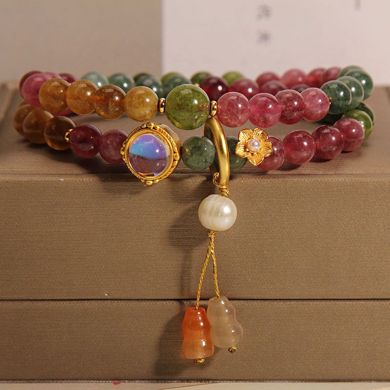 Multicolored Tourmaline Positive Double Wrap Gourd Charm Bracelet