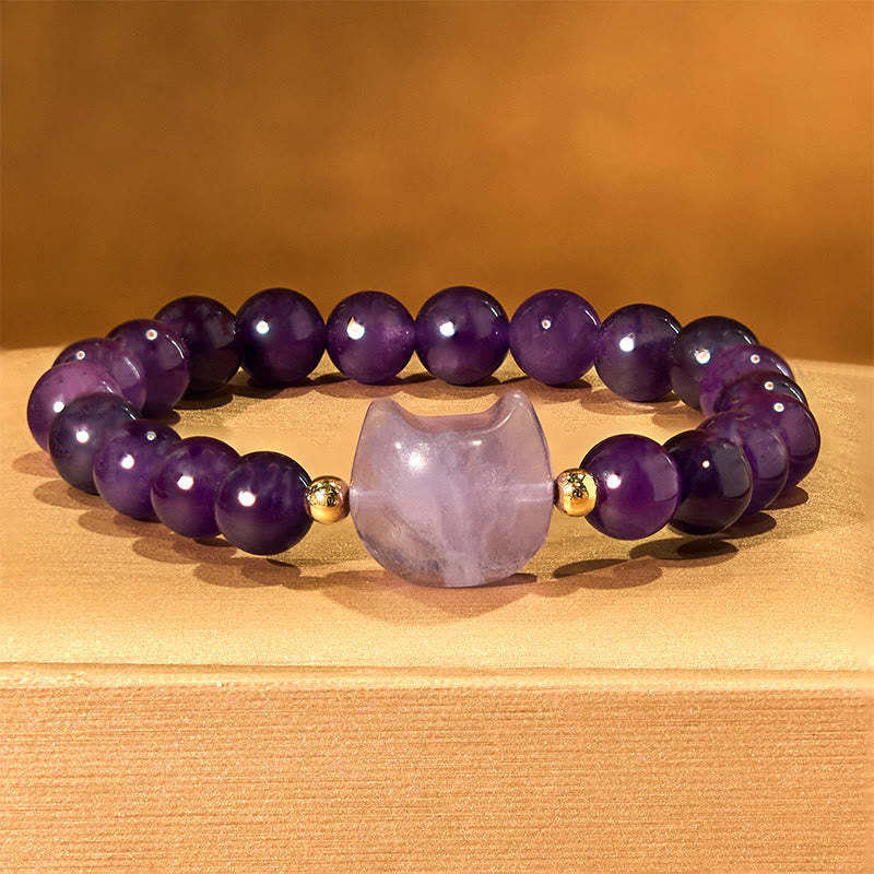 Amethyst Green Aventurine Rose Quartz Fluorite Cat Head Balance Luck Bracelet