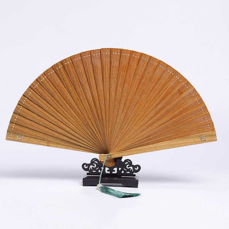 Auspicious Clouds Crane Peacock Chang'e Moon Engraved Pattern Handheld Green Sandalwood Folding Fan