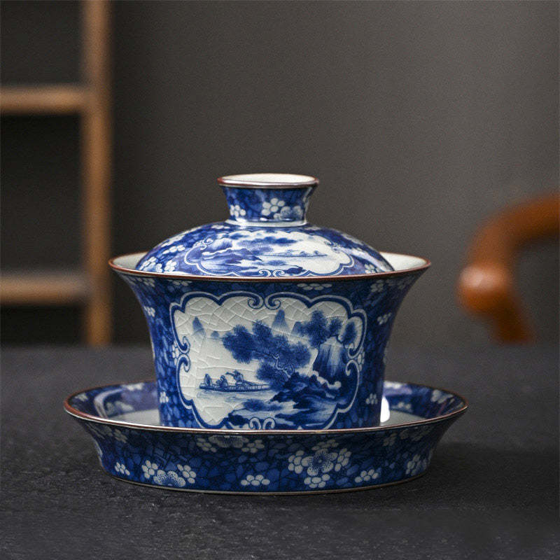 Jingdezhen Dragon Phoenix Pavilion Pine Flower Ceramic Gaiwan Sancai Teacup Kung Fu Tea Cup And Saucer With Lid 170ml