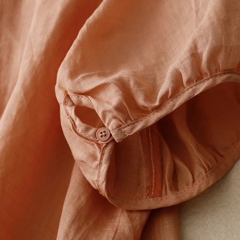 Vintage Casual Pure Leaf Embroidery V-Neck Half Sleeve Cotton Linen Women's T-Shirt