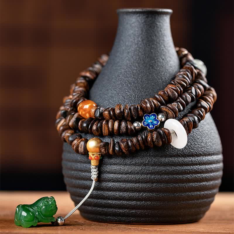 108 Mala Beads 925 Sterling Silver Brunei Agarwood Red Agate PiXiu Hetian Jade Peace Strength Bracelet