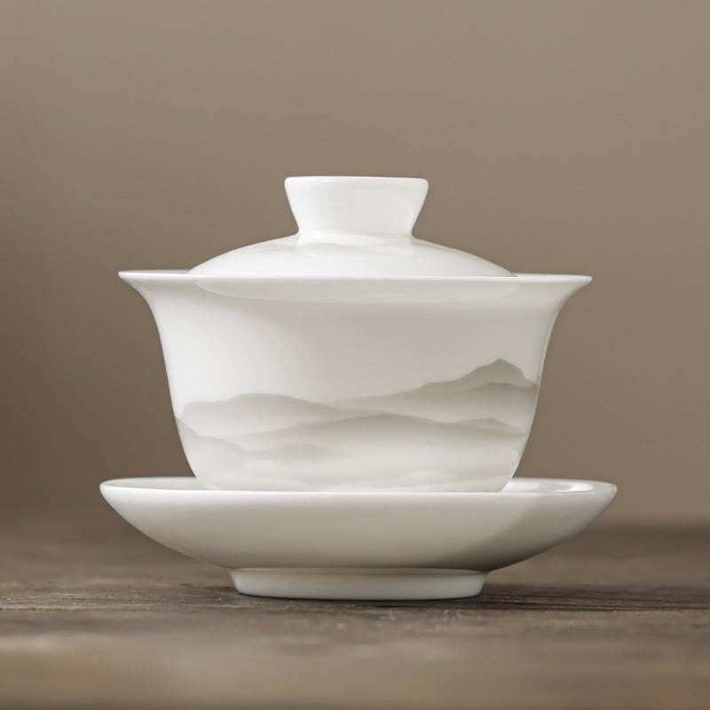 Vintage Ink Painting Mountain White Porcelain Ceramic Gaiwan Sancai Teacup Kung Fu Tea Cup And Saucer With Lid Tea Utensil Teapot