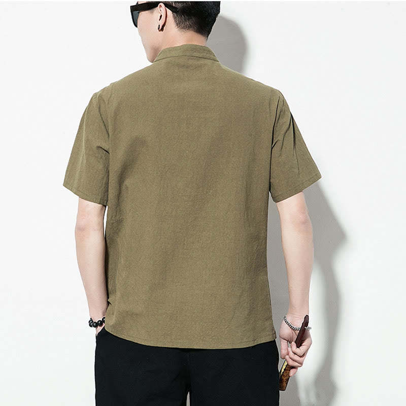 Casual Solid Color Front Frog Buttons Chinese Tang Suit Short Sleeve Linen Men's Shirt