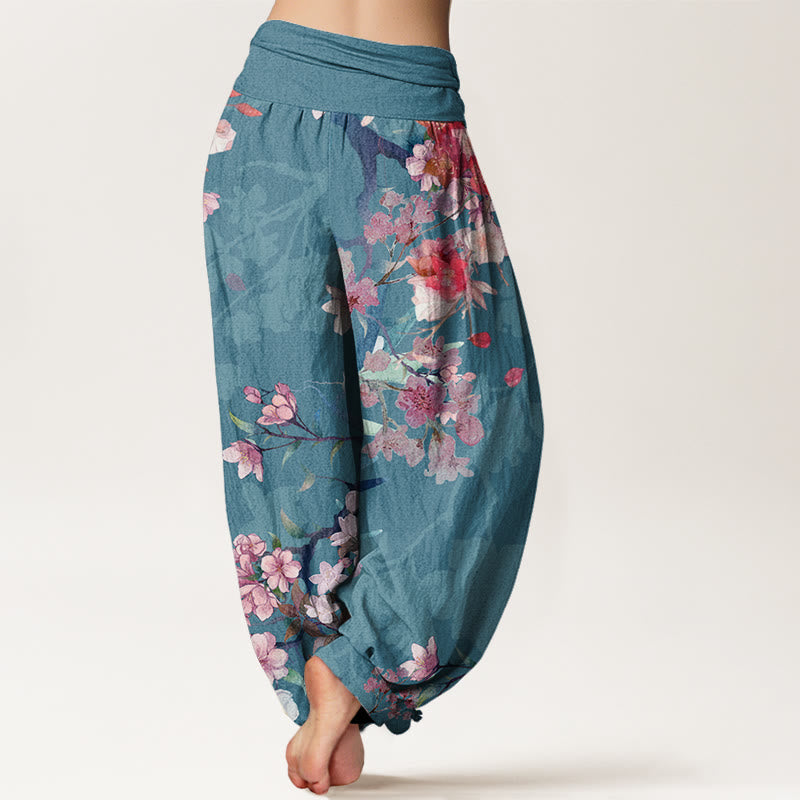 Red Pink Blooming Flowers Lush Branches Women's Elastic Waist Harem Pants