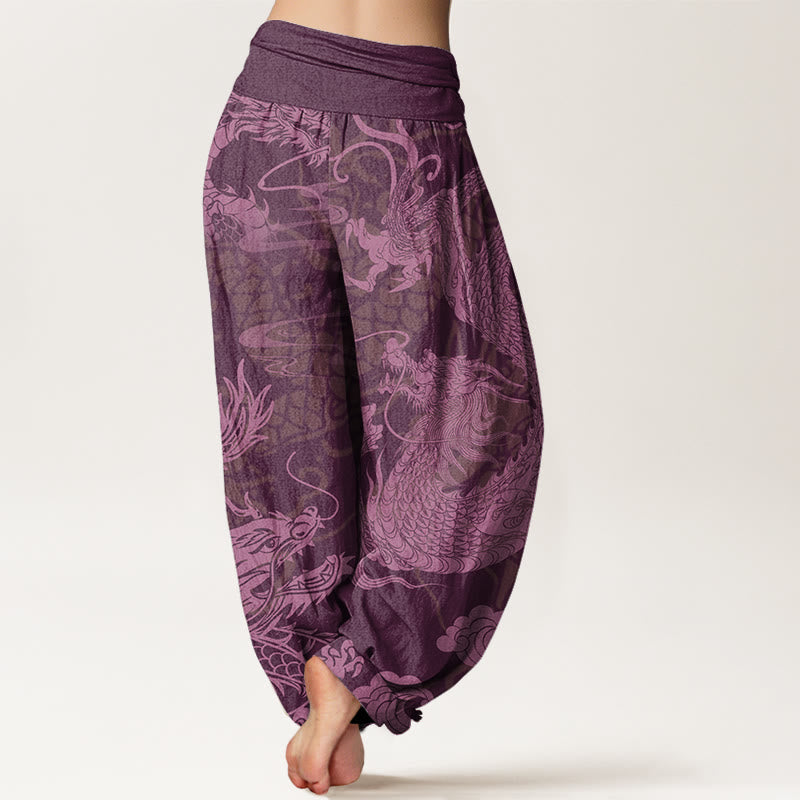 Dragon Auspicious Clouds Women's Elastic Waist Harem Pants