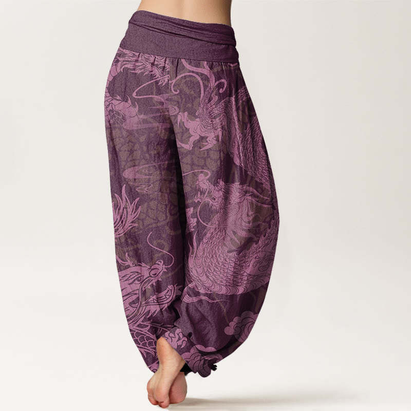 Dragon Auspicious Clouds Women's Elastic Waist Harem Pants