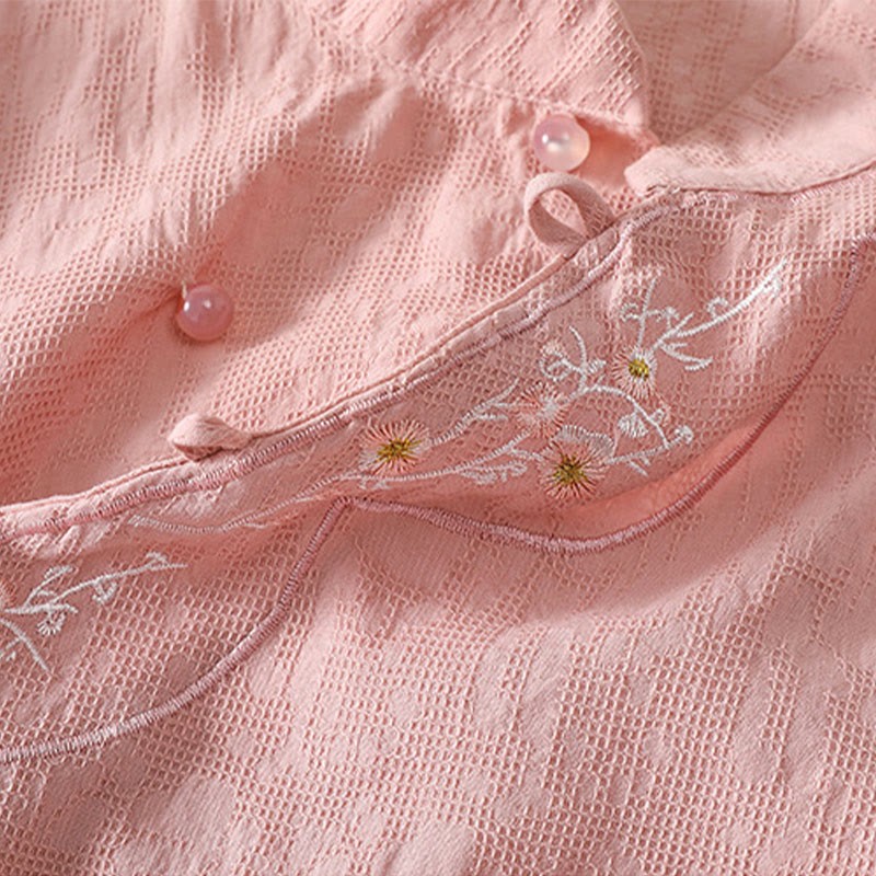 Plum Blossom Embroidery Frog-Button Short Sleeve Cotton Linen Shirt